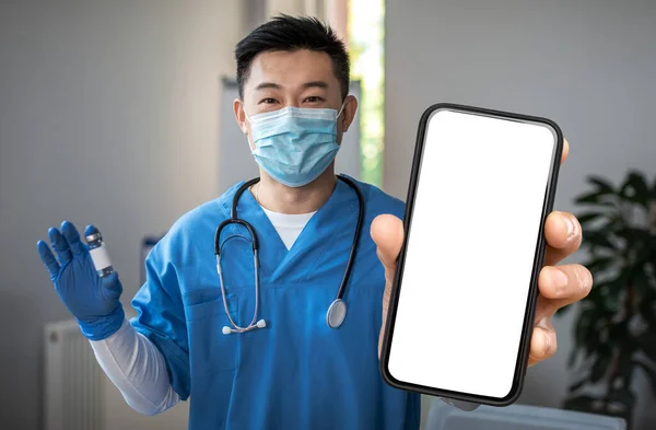 Vaccination Asian Male Doctor Protective Mask Showing Black Smartphone Holding — Photo