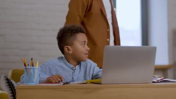 Distant Learning Cute Little African American Schoolboy Homeschooling Online Home — Vídeo de Stock