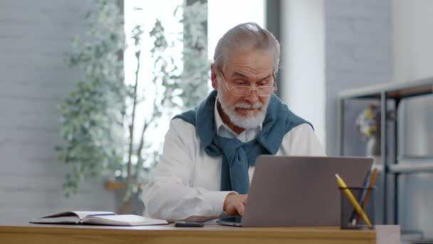 Online Win Concept Senior Grey Haired Man Manager Eyeglasses Reading – Stock-video