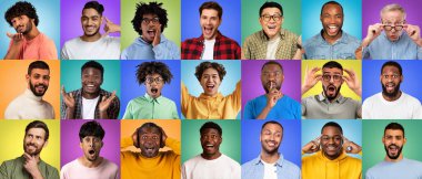 Mosaic With Male Portraits With Different Emotions Over Colorful Backgrounds, Multiethnic Men Of Diverse Age Smiling At Camera While Posing Over Bright Studio Backdrops, Collage, Panorama
