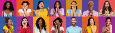 Stylish multiethnic millennials sharing positive emotions over colorful studio backgrounds, beautiful young men and women expressing themselves, collection of photos, collage, web-banner