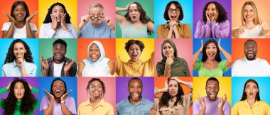 Multiethnic people showing diverse positive and negative emotions while posing isolated over colorful backgrounds, men and women of different age grimacing over bright backdrops, collage