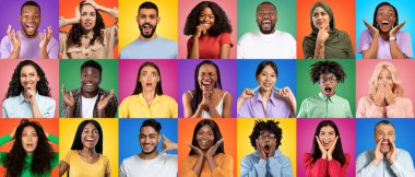 Emotion Diversity. Different Young People Having Diverse Feelings While Posing Over Colorful Backgrounds In Studio, Young Multiethic Men And Women Standing Over Bright Backdrops, Collage, Panorama