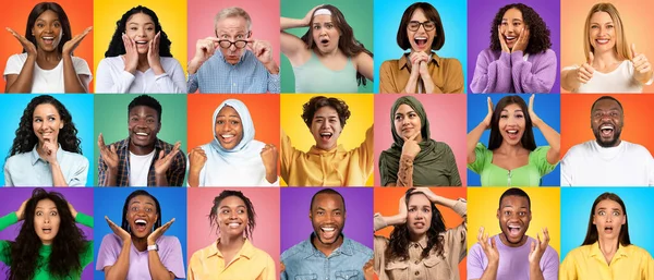Multiethnic People Showing Diverse Positive Negative Emotions While Posing Isolated — Stok fotoğraf