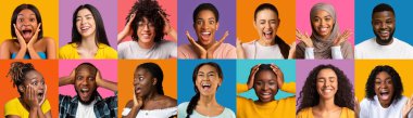 Multiracial young people beautiful carefree stylish men and women showing happiness, amazement, joy, posing on colorful studio backgrounds, collection of photos, panorama, collage