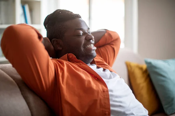 Lazy Weekend Home Closeup Happy African American Millennial Guy Casual — Stock Photo, Image