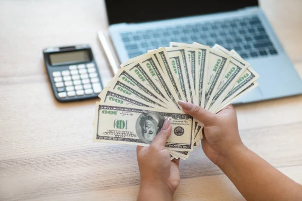 Woman Hands Holding Bunch Dollars Cash Earned Working Internet Using — Fotografia de Stock