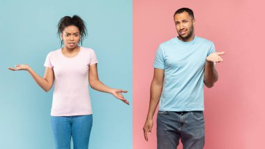 Who knows. Confused black guy and lady shrugging shoulders and looking at camera, posing on halved pink and blue background. Puzzled spouses is clueless clipart