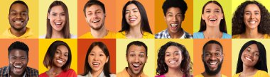 Portraits of multiethnic young people posing over colorful studio backgrounds, millennial men and women cheerfully smiling at camera, collection of closeup photos, collage, panorama