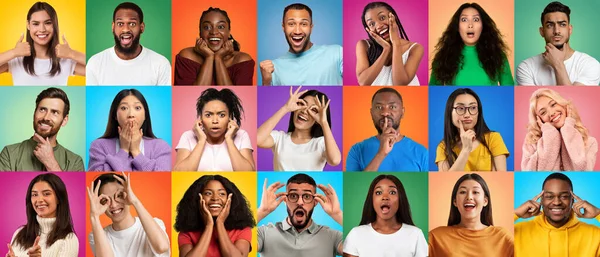 Collage Different Facial Expressions Multiethnic Men Women Posing Colorful Backgrounds — Stok fotoğraf