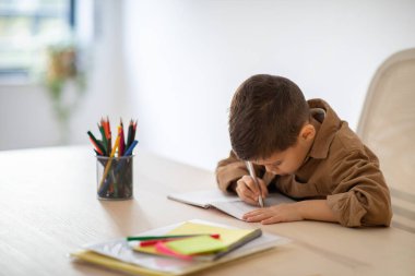Busy caucasian little child writes in notebook, draws, studies, enjoy homework at table in light room interior. Elementary education at school, kindergarten and home, childhood and lesson, covid-19
