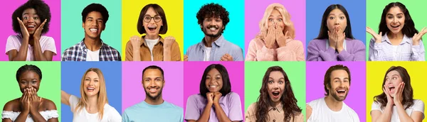 Mosaic of multicultural millennials grimacing on diverse studio backgrounds, happy young men and women gesturing and smiling, having fun, collection of photos, collage, web-banner