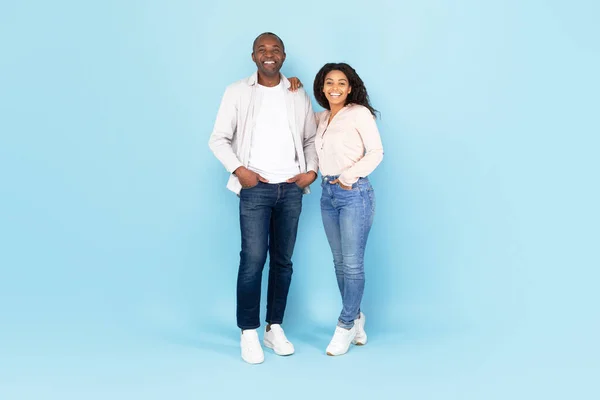 Full Length Portrait Happy Black Couple Smiling Camera Posing Standing — Stockfoto
