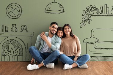 Cute little girl hugging her parents, cheerful middle eastern family father, mother and daughter sitting on floor over living room interior sketch background, moving to new house, collage