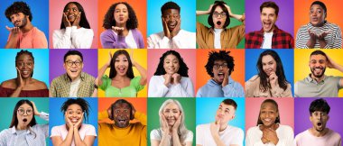 Emotional portraits of diverse people posing over colorful studio backgrounds, different multiethnic men and woman grimacing and gesturing over bright backdrops, creative collage, panorama