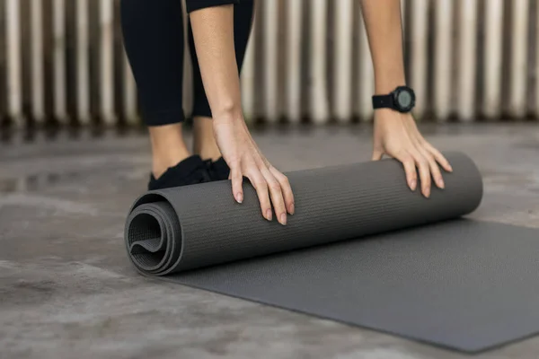 Caucasian Millennial Woman Sportswear Fitness Tracker Puts Mat Floor Exercising — Stock Photo, Image