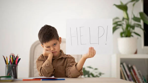 Unhappy Tired European Small Kid Suffers Learning Difficulties Show Banner — Stock Photo, Image