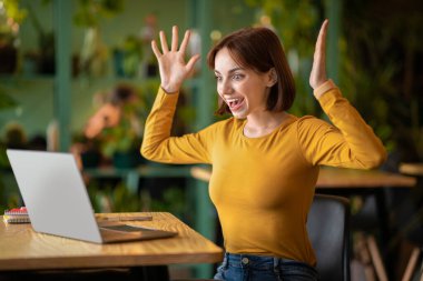 Emotional excited happy pretty young brunette woman in casual freelancer sitting at table, using laptop at coffee shop, looking at computer screen and rasing hands up, celebrating success, copy space