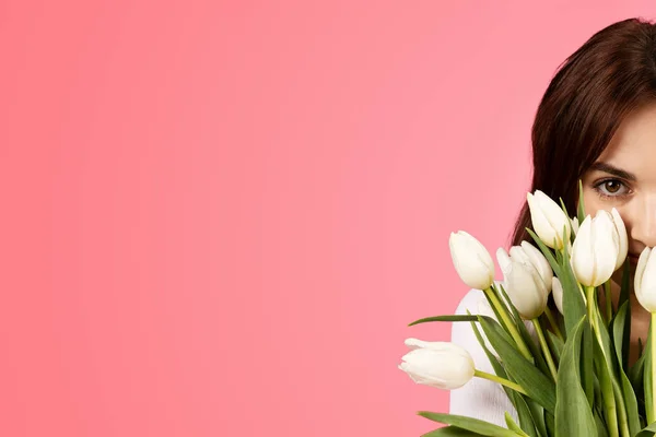 Congratulate Birthday Date Smiling Young European Woman Smelling Bouquet Flowers — Foto de Stock