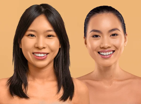 Asian skin care concept. Two attractive millennial asian korean women posing topless on beige studio background, showing perfect glowing young skin, cheerfully smiling at camera, collage