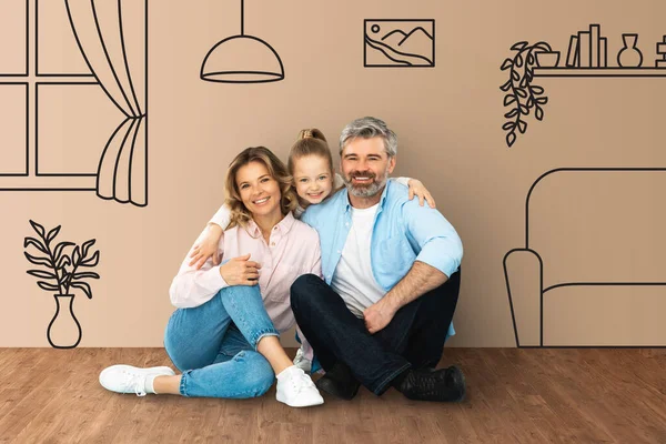 Happy Family Father Mother Little Daughter Sitting Floor Cozy Living — Stock Photo, Image