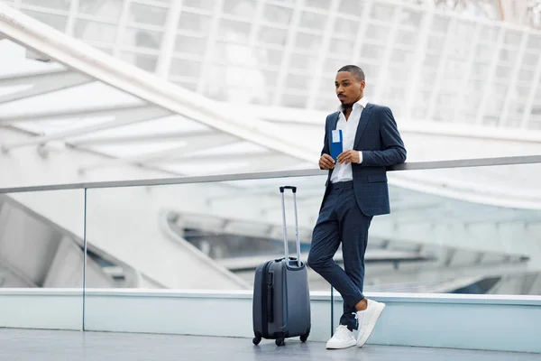 Portrait Young Black Businessman Suitcase Waiting Airport Handsome African American — Fotografia de Stock