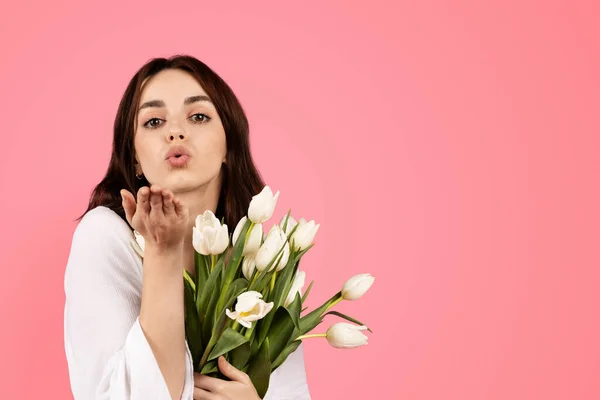 Smiling Young European Woman Bouquet White Tulips Making Blowing Kiss — Foto de Stock