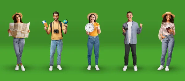 Joyful multiethnic tourists millennial people men and women enjoying vacation, posing with camera, bacpack, passport on green background, set of photos, collage, web-banner for travelling concept