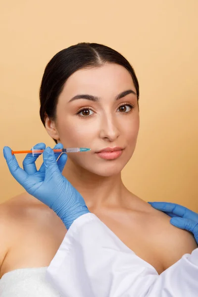 Cosmetology Treatment Young Indian Woman Getting Lip Augmentation Injection Unrecognizable — Fotografia de Stock