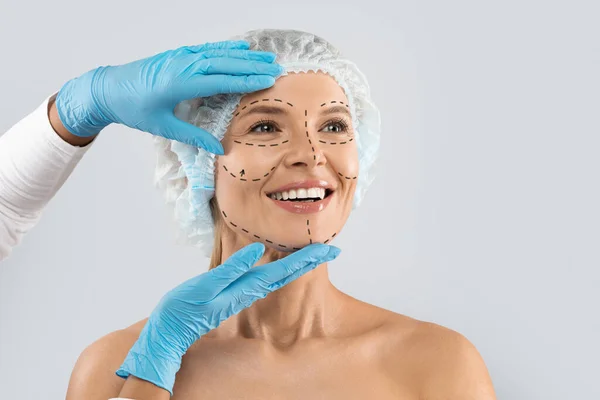 Cheerful Excited Middle Aged Woman Medical Hat Pre Surgery Marks — Photo