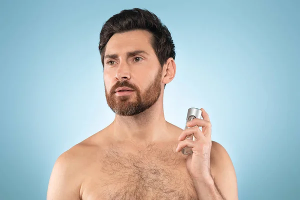 Portrait Handsome Shirtless Middle Aged Man Spraying Perfume Neck Posing — Foto de Stock