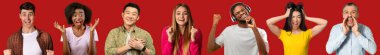Emotional multicultural men and women different ages posing on red studio background, people showing various emotions, grimacing and gesturing, collage, panorama