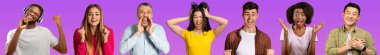 Stylish multiethnic people sharing positive emotions over purple studio background, beautiful men and women various ages expressing themselves, collection of photos, collage, web-banner