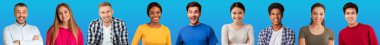 Happy attractive multiethnic people men and women various ages and occupations posing on blue background, sharing good vibes, set of studio photos, collage, web-banner. Happiness, joy concept