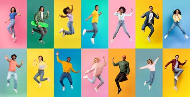 Hooray. Group Of Happy Multiethnic People Jumping In Air Over Colorful Backgrounds, Cheerful Excited Millennial Men And Women Celebrating Success And Having Fun Over Bright Backdrops, Collage