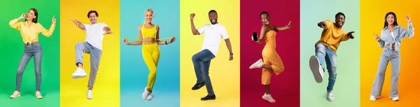 Diverse happy multiethnic millennial people having fun on colorful backgrounds, cheerful multicultural men and women expressing positive emotions, exercising and grimacing, collage, panorama