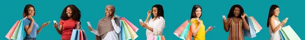 Lächelnde Internationale Junge Damen Mit Vielen Paketen Mit Einkäufen Sms — Stockfoto