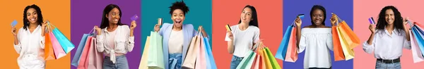 Lächelnd Zeigen Diverse Junge Frauen Mit Vielen Taschen Mit Einkäufen — Stockfoto