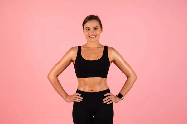 Body Shaping Concept Smiling Young Woman Sportswear Posing Pink Studio — Stok fotoğraf