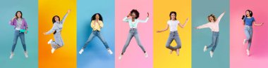Overjoyed Multiethnic Ladies Jumping In Air Over Bright Studio Backgrounds, Full Length Shots Of Diverse Happy Young Women Having Fun Over Colorful Backdrops, Creative Collage, Panorama