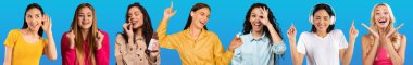 Collection of positive young women sharing good vibes on blue background, grimacing and gesturing, showing joy and happiness, set of studio photos, collage, web-banner