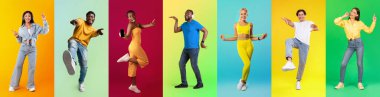 Group of happy carefree multiethnic people posing on colorful studio backgrounds, positive young men and women having fun, exercising or listening music over bright backdrops, collage, panorama