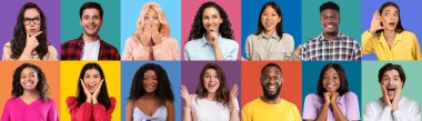 Attractive young multicultural people showing diverse emotions, set of photos, stylish millennial men and women posing over colorful studio backgrounds, smiling, gesturing, grimacing, collage, bannner