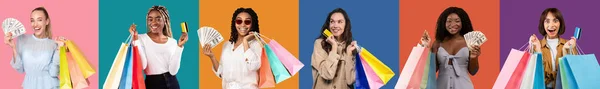 Geld Für Mode Fröhlich Überraschte Junge Frauen Mit Vielen Einkaufstüten — Stockfoto