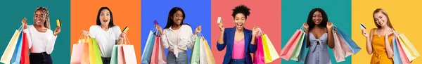 Froh Aufgeregt Halten Diverse Junge Frauen Viele Pakete Mit Einkäufen — Stockfoto