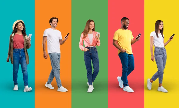 Diverse Happy Multiethnic People With Smartphones Walking Over Colorful Backgrounds, Young Multicultural Men And Women Messaging On Mobile Phones Or Making Online Shopping, Creative Collage