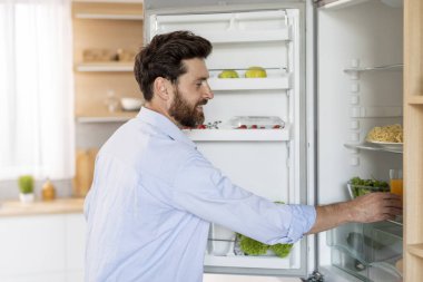 Smiling hungry handsome adult caucasian man with beard takes out food from refrigerator in white kitchen interior, profile, free space. Proper nutrition, health care, homemade food, diet, ad and offer