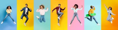 Diverse Positive Excited Young People Jumping On Colorful Backgrounds, Creative Collage With Group Of Multiethnic Happy Men And Women Having Fun And Posing On Bright Backdrops, Panorama