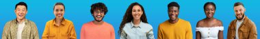 Mosaic of studio portraits of happy beautiful people young and middle aged men and women various styles and occupations posing on blue background, smiling at camera, collage, panorama