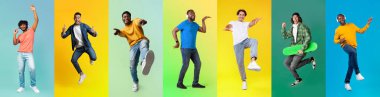 Group Of Cheerful Multiethnic Men Having Fun Over Bright Studio Backgrounds, Full Length Shots Of Diverse Happy Young Males Fooling And Grimacing Over Colorful Backdrops, Creative Collage, Panorama